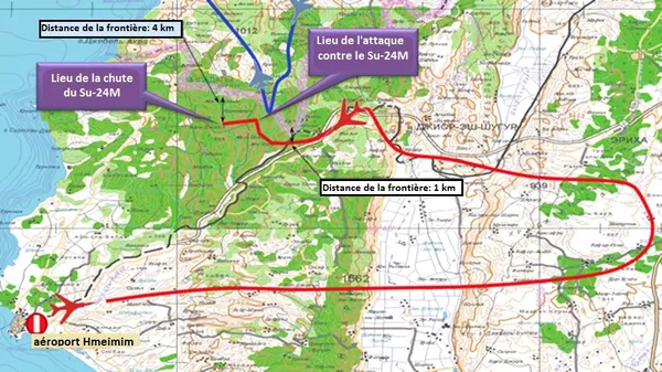 Schéma représentant le vol du bombardier russe Su-24 abattu en Syrie par un chasseur turc F-16 (traduit en français) Schéma représentant le vol du bombardier russe Su-24 abattu en Syrie par un chasseur turc F-16 (traduit en français) - Sputnik Afrique