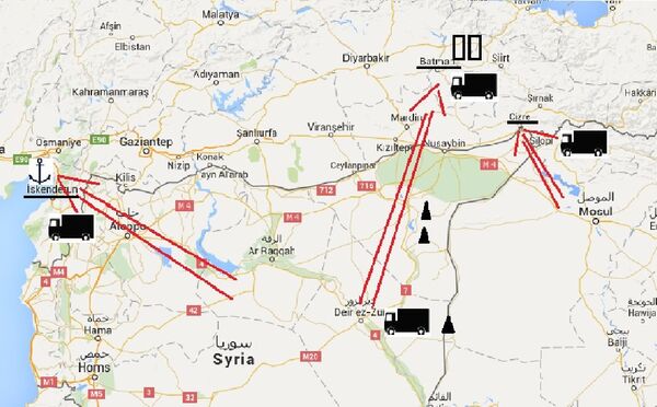 Trois itinéraires de livraison du pétrole de Daech Trois itinéraires de livraison du pétrole de Daech - Sputnik Afrique