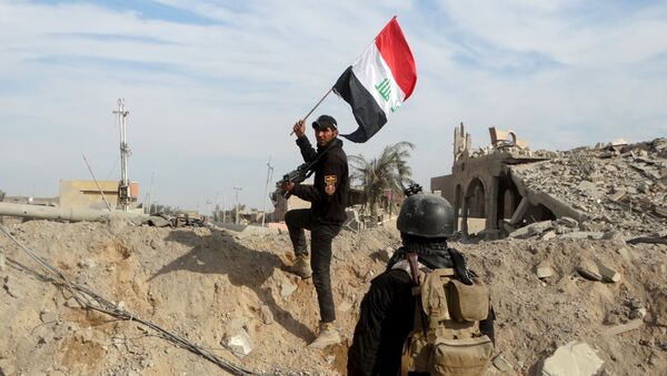 Le drapeau irakien dans les mains d'un membre des forces de sécuruté irakiennes à Ramadi - Sputnik Afrique