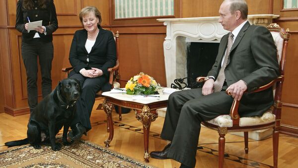 Vladimir Poutine, Angela Merkel et le labrador Koni - Sputnik Afrique