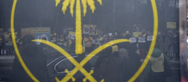 Les militants des ONG derrière l'emblème de l'Arabie Saoudite - Sputnik Afrique