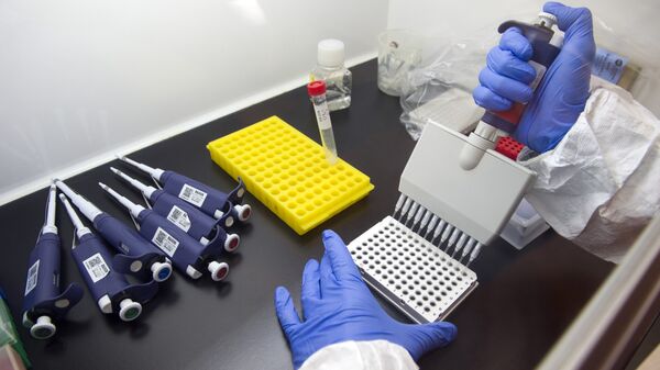 Alberto Cagigi, Ph.D, is beginning the multi-step process of identifying antibodies against Ebola in samples from vaccinated volunteers. at the Vaccine Research Center at the National Institutes of Health in Bethesda, Md., Wednesday, Feb. 4, 2015. (AP Photo/Cliff Owen) - Sputnik Afrique