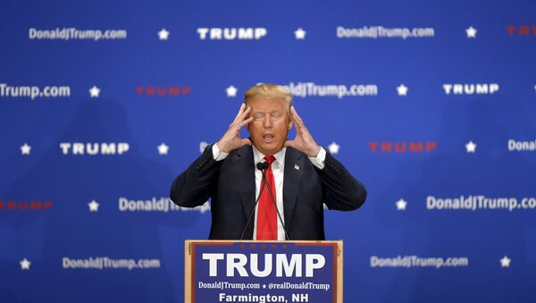 Le candidat républicain à l'election présidentielle Donald Trump adresse à la foule lors d'un rassemblement de campagne à Farmington, New Hampshire Janvier 25, 2016 - Sputnik Afrique