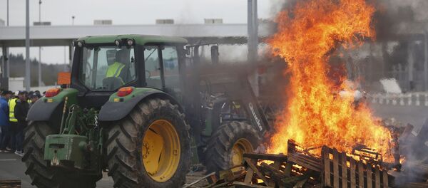 Les éleveurs français se rassemblent près des palettes brûlantes pour protester contre la chute des prix sur l'autoroute à Ancenis, l'ouest de la France, le 27 Janvier, 2016 - Sputnik Afrique