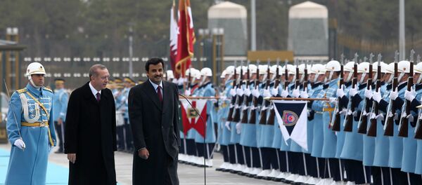Le président turc Recep Tayyip Erdogan et l'émir du Qatar Sheikh Tamim bin Hamad Al-Thani, à droite, inspectent une garde d'honneur militaire dans le nouveau palais présidentiel à Ankara, Turquie, vendredi 19 décembre 2014. - Sputnik Afrique