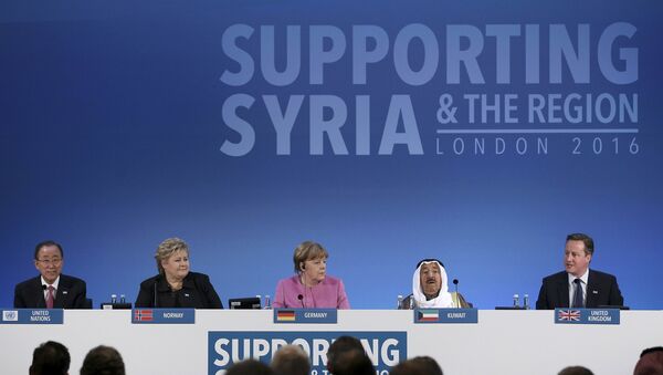 United Nations Secretary-General Ban Ki-moon, Norway's Prime Minister Erna Solberg, German Chancellor Angela Merkel, and the Emir of Kuwait, Sheikh Sabah al-Ahmad al-Sabah (L-R) listen as Britain's Prime Minister David Cameron speaks at the donors Conference for Syria in London, Britain February 4, 2016. - Sputnik Afrique