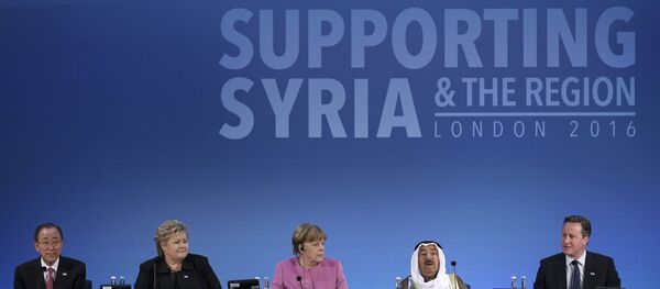 United Nations Secretary-General Ban Ki-moon, Norway's Prime Minister Erna Solberg, German Chancellor Angela Merkel, and the Emir of Kuwait, Sheikh Sabah al-Ahmad al-Sabah (L-R) listen as Britain's Prime Minister David Cameron speaks at the donors Conference for Syria in London, Britain February 4, 2016. - Sputnik Afrique
