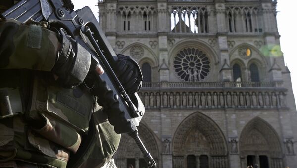 Un soldat français devant la cathédrale Notre-Dame de Paris - Sputnik Afrique