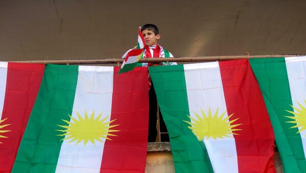 A young boy waves the Kurdish flag during celebrations in solidarity with the Kurdish Peshmerga forces at a school in the disputed northern Iraqi city of Kirkuk on December 17, 2014. - Sputnik Afrique