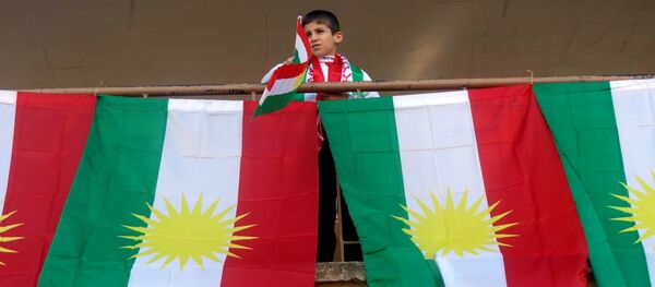 A young boy waves the Kurdish flag during celebrations in solidarity with the Kurdish Peshmerga forces at a school in the disputed northern Iraqi city of Kirkuk on December 17, 2014. - Sputnik Afrique
