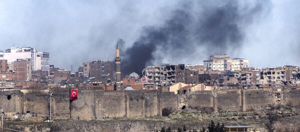 Une photo prise le 3 février 2016 montre des fumées enveloppant le quartier de Sur, à Diyarbakir, suite aux affrontements entre l'armée turque et les milices kurdes - Sputnik Afrique