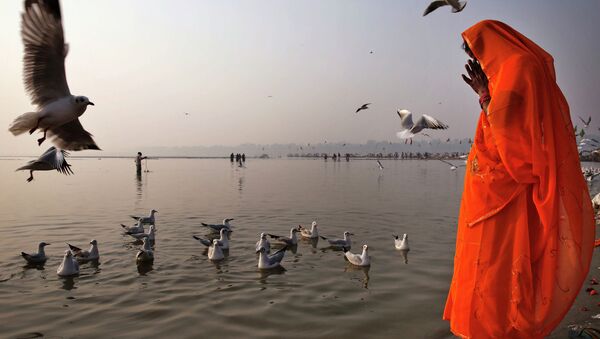 The Hindu prays on the bank of Ganges in Allahabad, India - Sputnik Afrique