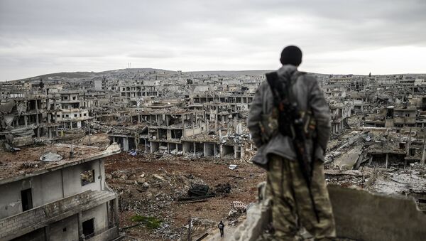 Musa, a 25-year-old Kurdish marksman, stands atop a building as he looks at the destroyed Syrian town of Kobane, also known as Ain al-Arab, on January 30, 2015 - Sputnik Afrique