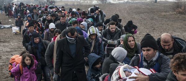 Des réfugiés massés devant un poste de passage à la frontière entre la Macédoine et la Serbie. 29 janvier 2016 - Sputnik Afrique
