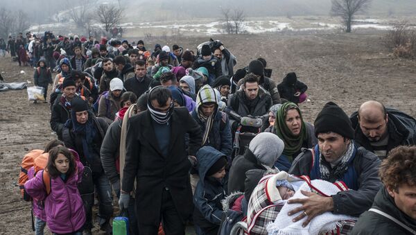 Des réfugiés massés devant un poste de passage à la frontière entre la Macédoine et la Serbie. 29 janvier 2016 - Sputnik Afrique