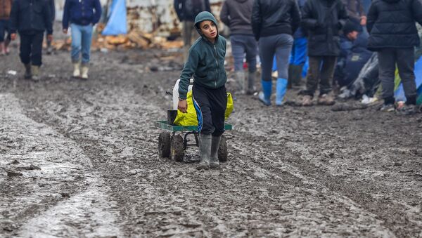 A young migrant pulls a trolley in a muddy field at a camp of makeshift shelters for migrants and asylum-seekers from Iraq, Kurdistan, Iran and Syria, called the Grande Synthe jungle, near Calais, France, February 3, 2016 - Sputnik Afrique