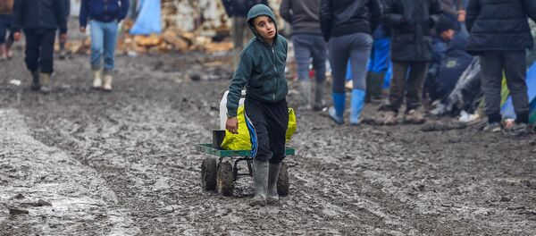 A young migrant pulls a trolley in a muddy field at a camp of makeshift shelters for migrants and asylum-seekers from Iraq, Kurdistan, Iran and Syria, called the Grande Synthe jungle, near Calais, France, February 3, 2016 - Sputnik Afrique