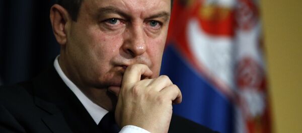 Serbian Foreign Minister Ivica Dacic gestures, during a news conference in Belgrade, Serbia, Saturday, Feb. 20, 2016.  - Sputnik Afrique