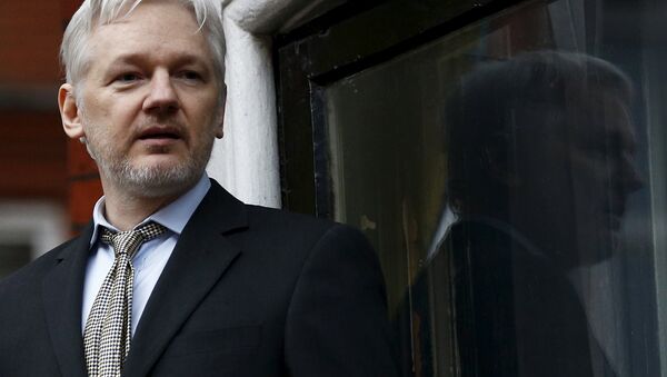 Le fondateur de WikiLeaks Julian Assange fait un discours depuis le balcon de l'ambassade équatorienne, dans le centre de Londres, la Grande-Bretagne dans cette Février 5, ici 2016. - Sputnik Afrique