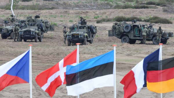 Les drapeaux vague en face de soldats qui prennent des positions avec leurs véhicules blindés pendant l'exercice militaire de l'Otan près Swietoszow Zagan, Pologne - Sputnik Afrique