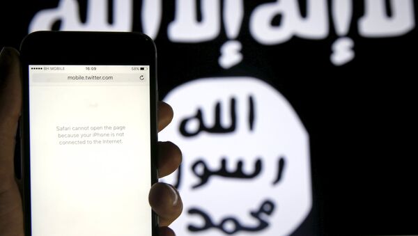 An unloaded Twitter website is seen on a phone without an internet connection, in front of a displayed ISIS flag in this photo illustration in Zenica, Bosnia and Herzegovina, February 3, 2016 - Sputnik Afrique