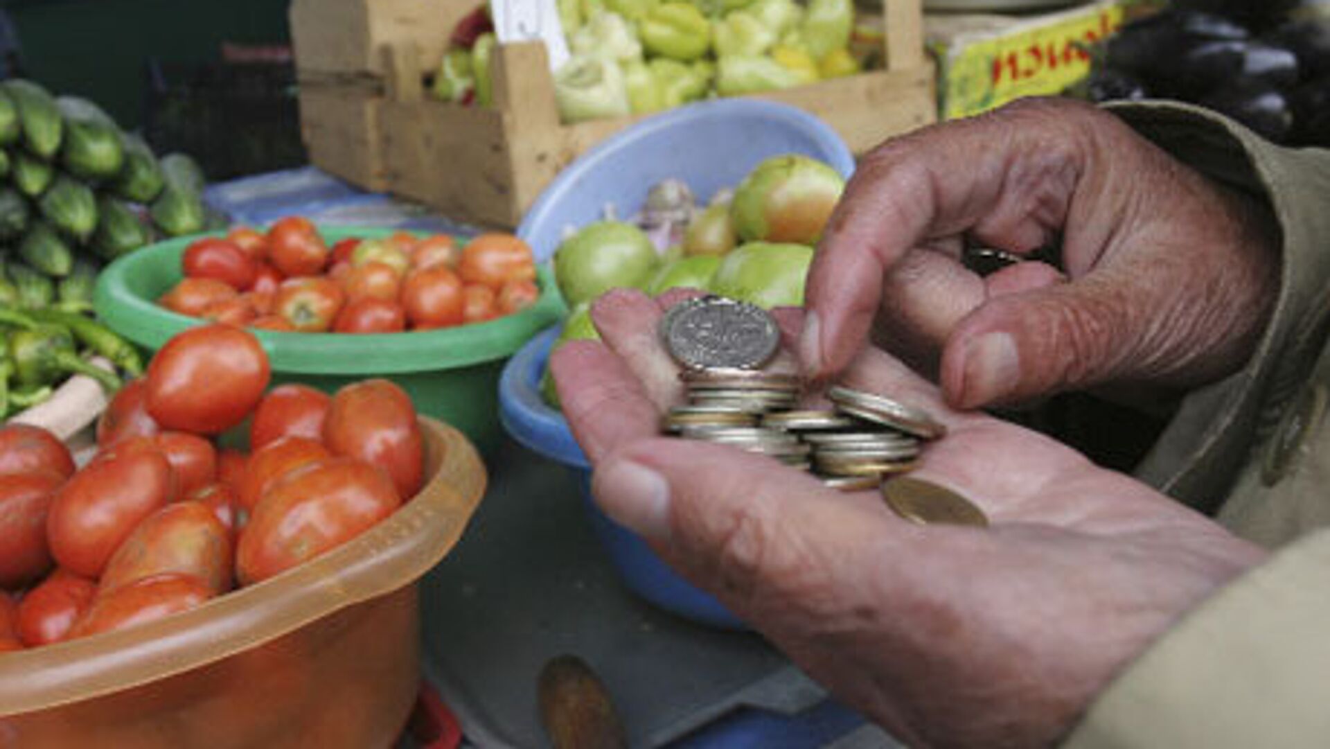 Des pièces de monnaie dans une main. Un homme qui compte son argent devant un étalage de légumes. L'humanité a faim (image d'illustration) - Sputnik Afrique, 1920, 23.10.2023
