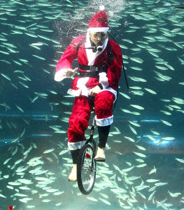 A Séoul (Corée du Sud), le père Noël a réussi à faire du vélo sous-marin dans un immense aquarium. - Sputnik Afrique