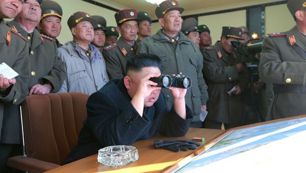 North Korean leader Kim Jong Un uses a pair of binoculars to watch live ammunition firing drills. - Sputnik Afrique