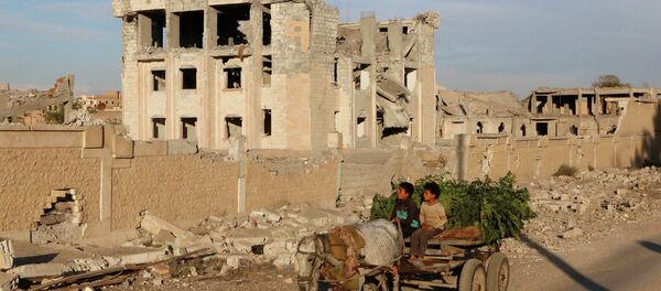 Residents drive a cart in front of a damaged during a U.S.-led air strike in Raqqa, eastern Syria November 1, 2014 - Sputnik Afrique