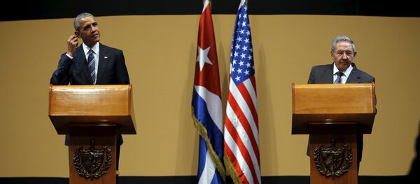 U.S. President Barack Obama and Cuban President Raul Castro attend a news conference as part of President Obama's three-day visit to Cuba, in Havana March 21, 2016 U.S. President Barack Obama and Cuban President Raul Castro attend a news conference as part of President Obama's three-day visit to Cuba, in Havana March 21, 2016 - Sputnik Afrique