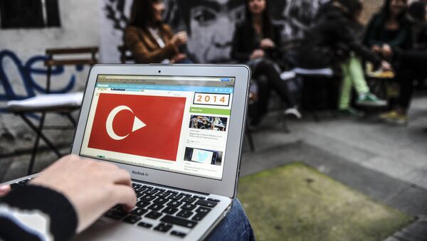 A person uses a laptop computer showing a Turkish flag on March 27, 2014 in Istanbul - Sputnik Afrique