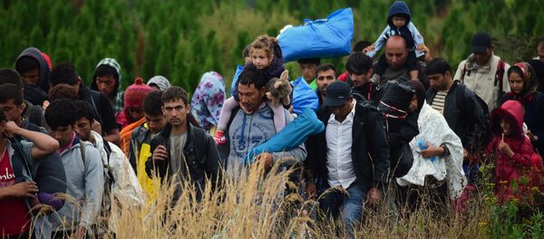 Migrants make their way through the countryside after they crossed the boarder near the village of Zakany in Hungary to continue their trip to Gemany on September 20, 2015. - Sputnik Afrique