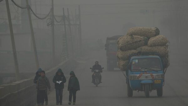 Sur cette photo, les enfants vont à pied à la maison après l'école pendant un jour gravement pollué à Shijiazhuang, dans la province du Hebei nord de la Chine, le 26 février 2014 - Sputnik Afrique