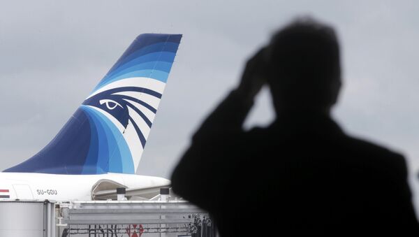 The EgyptAir plane scheduled to make the following flight from Paris to Cairo, after flight MS804 disappeared from radar, taxies on the tarmac at Charles de Gaulle airport in Paris, France, May 19, 2016. - Sputnik Afrique