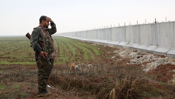 Le soldat kurde près d'un mur mis en place par les autorités turques, à la frontière entre la Syrie et la Turquie en Syrie occidentale, le 2 Février, 2016 - Sputnik Afrique