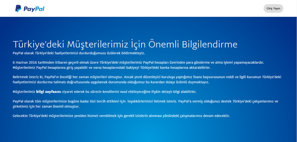 Le communiqué sur le site officiel du Paypal, annonçant la cessations des activités en Turquie - Sputnik Afrique