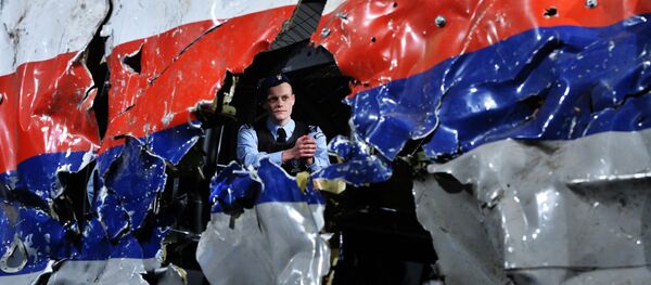 Реконструкция крушения лайнера Boeing 777 Malaysia Airlines (рейс MH17) на Востоке Украины 17 июля 2014 года на военной базе Гилзе-Рейен в Нидерландах - Sputnik Afrique
