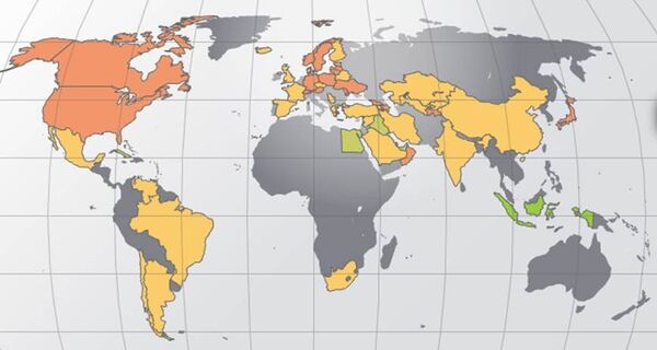 Rouge: ton négatif. Orange: ton modérément négatif. Jaune: ton neutre. Vert clair: ton modérément positif. Vert: ton positif - Sputnik Afrique