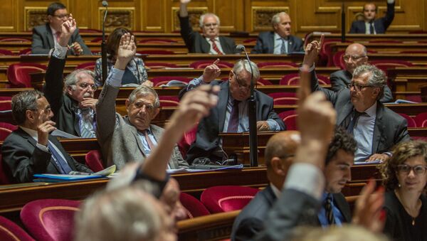 Сенаторы во время голосования французского сената по принятию резолюции с призывом о смягчении санкций против России - Sputnik Afrique