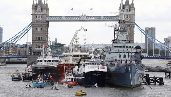 Remain campaigners in dinghies try to disrupt a demonstration by a flotilla of fishing vessels campaigning to leave the European Union on the river Thames in London, Britain June 15, 2016. - Sputnik Afrique