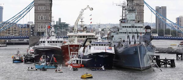 Remain campaigners in dinghies try to disrupt a demonstration by a flotilla of fishing vessels campaigning to leave the European Union on the river Thames in London, Britain June 15, 2016. - Sputnik Afrique