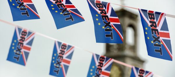 Pro-Brexit flags fly from a fishing boat moored in Ramsgate on June 13, 2016. - Sputnik Afrique