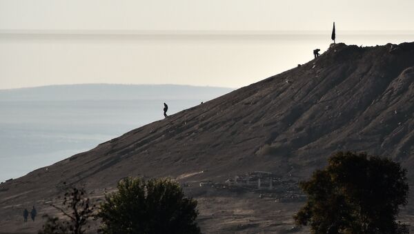 Alleged Islamic State (IS) militants stand next to a black IS flag atop a hill in at the eastern part of the Syrian town of Ain al-Arab, known as Kobane by the Kurds, as seen from the Turkish-Syrian border in the southeastern town of Suruc, Sanliurfa province, on October 7, 2014. - Sputnik Afrique