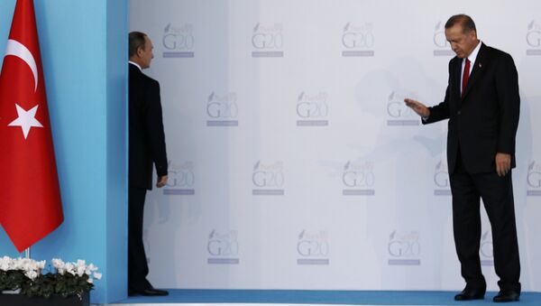 Russia's President Vladimir Putin (L) turns back to talk to Turkey's President Tayyip Erdogan during a welcoming ceremony at the Group of 20 (G20) leaders summit in the Mediterranean resort city of Antalya, Turkey, - Sputnik Afrique