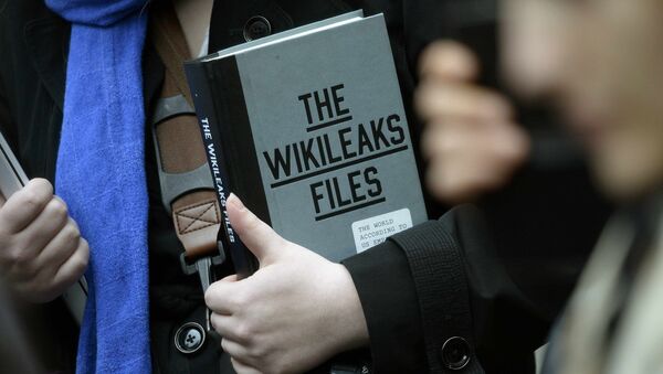 A supporter of WikiLeaks founder julian Assange holds a copy of The WikiLeaks Files outside the Ecuadorian embassy in central London, Britain February 5, 2016 - Sputnik Afrique