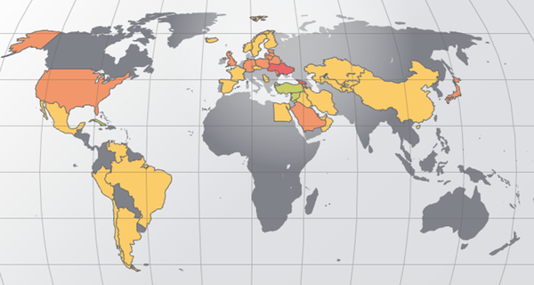 Rouge: ton négatif. Orange: ton modérément négatif. Jaune: ton neutre. Vert clair: ton modérément positif. Vert: ton positif - Sputnik Afrique