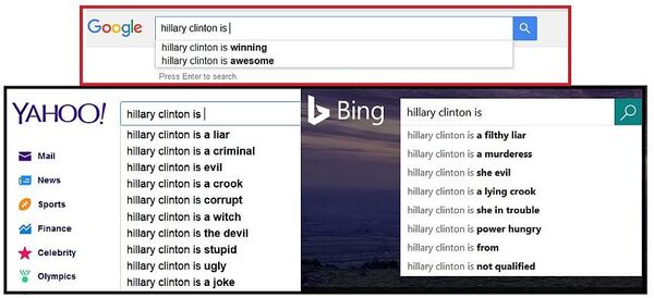 Bing et Yahoo affichent plusieurs suggestions négatives comme Hillary Clinton est une menteuse et Hillary Clinton est une criminelle, tandis que Google ne montre que deux suggestions qui sont absurdement positives: Hillary Clinton gagne et Hillary Clinton est géniale. Bing et Yahoo affichent plusieurs suggestions négatives comme Hillary Clinton est une menteuse et Hillary Clinton est une criminelle, tandis que Google ne montre que deux suggestions qui sont absurdement positives: Hillary Clinton gagne et Hillary Clinton est géniale. - Sputnik Afrique
