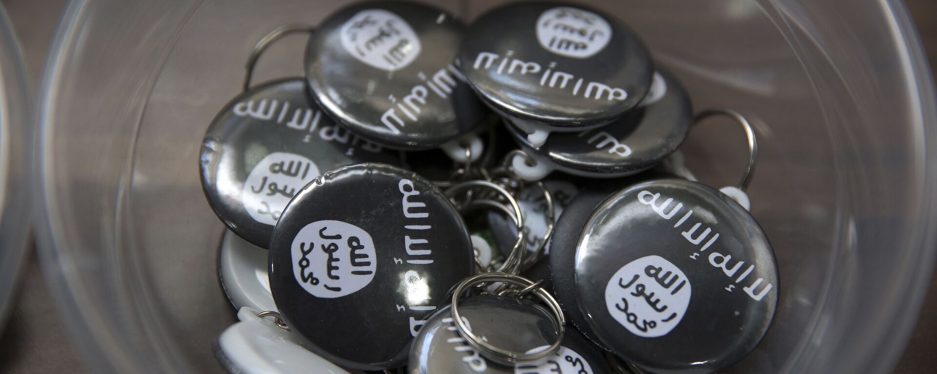 Islamic State group pins are on display at an Islamic bookstore where books about Islam, militant Islamic leaders and Islamic flags are displayed in the Fatih district of Istanbul, Monday, Oct. 13, 2014 - Sputnik Afrique, 1920, 25.01.2022