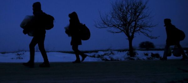 Migrants walk through a frozen field after crossing the border from Macedonia, near the village of Miratovac, Serbia Migrants walk through a frozen field after crossing the border from Macedonia, near the village of Miratovac, Serbia - Sputnik Afrique