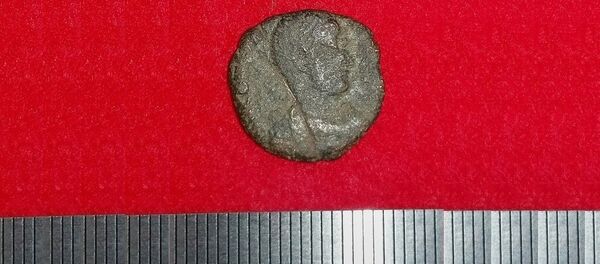 4th-century copper coin from ancient Rome after it was unearthed in Japan's Okinawa island together with other coins. - Sputnik Afrique